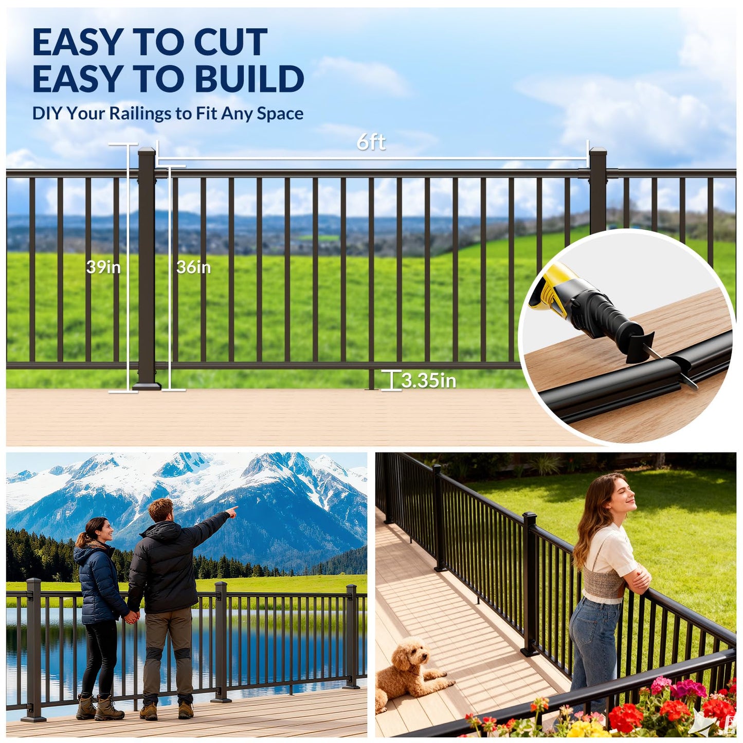 Egadis 36 in. H x 24 ft. W Black Deck Railing Kit with 4 Post, Textured AAMA 2604 Powder-Coat Finish Modular Aluminum Railing System for Outdoor Decks, Porches & Balconies(3 Panel, 4 Post)