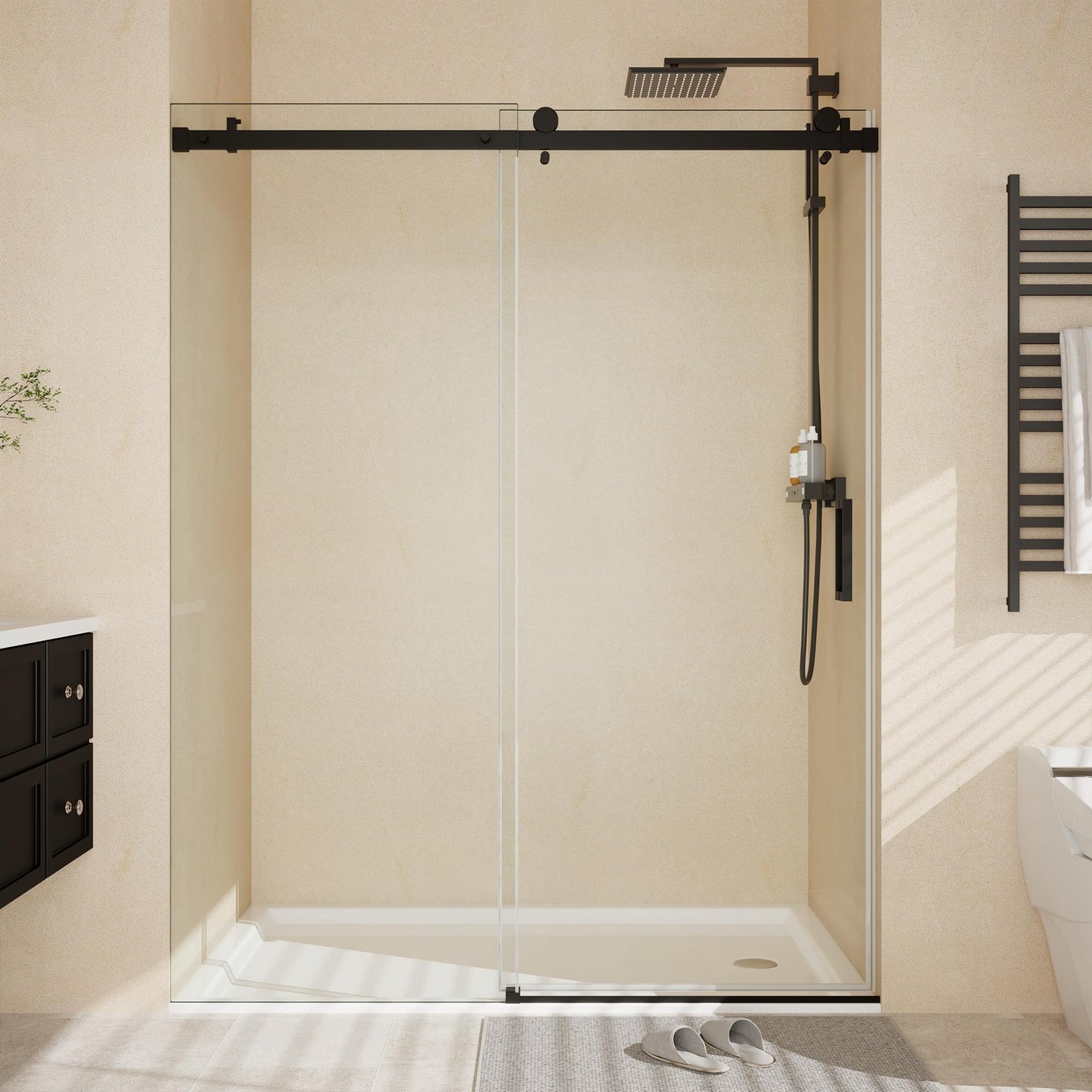 44-48" W x 76" H Frameless Sliding Shower Door, 1/4" (6mm) Tempered Glass with Explosion-Proof Film, Matte Black Stainless Steel Track & 55mm Rollers, Bypass Bathroom Door