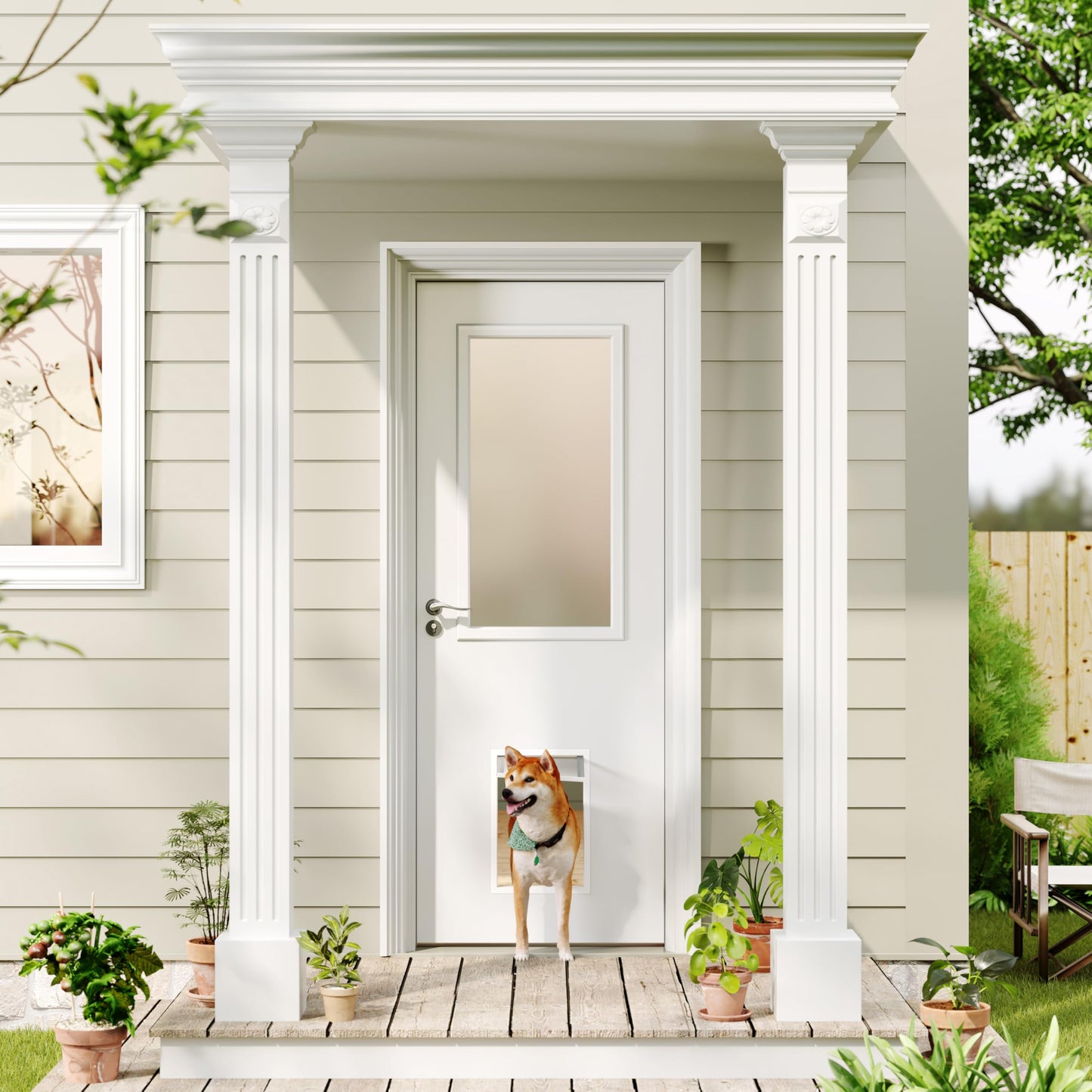 Lakenyon Entry Door, 30" x 80", 1-Panel Frosted Glass, Front Door with Dog Door, Solid Wood & MDF Construction, Waterproof Primer, Easy to Install, DIY-Friendly