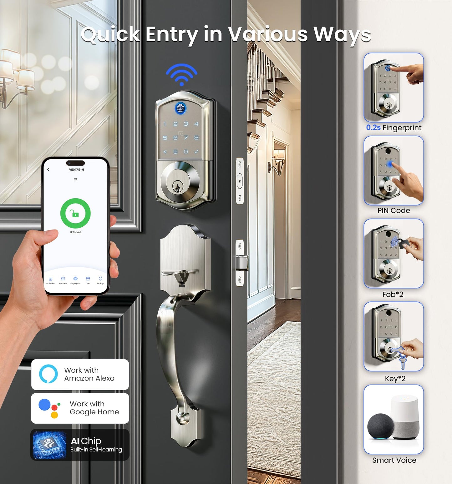 Veise VE017G-H Wi-Fi Smart Fingerprint Front Door Lock Set, Remote App Control, Keyless Entry Deadbolt with Handle, Backlit Keypad, IP55 Weatherproof, Auto Lock, Easy to Install, Satin Nickel