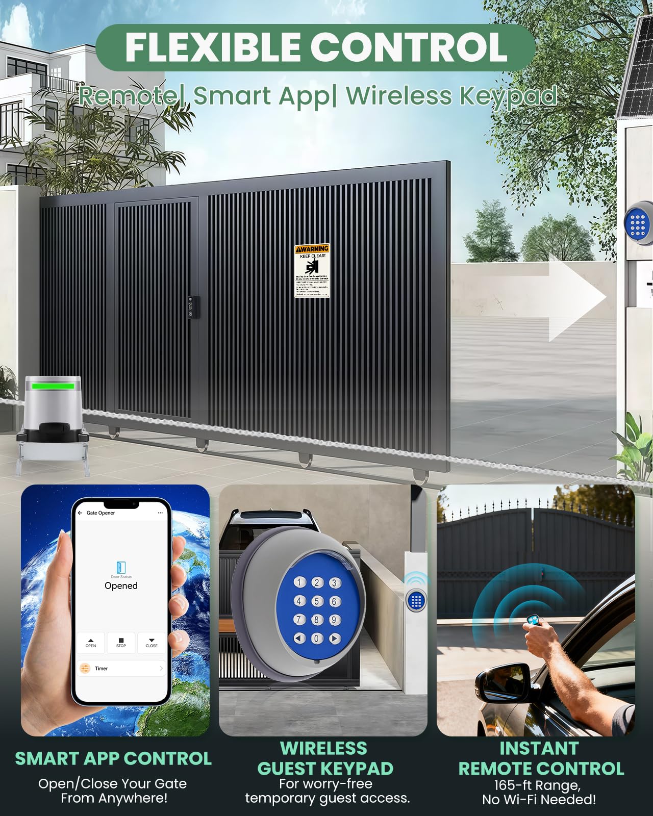 Spolehli 1300lb Sliding Gate Opener with Chain Drive & Solar Panel, WiFi/App & Keypad & Remote Control, Built-in Backup Battery & Infrared Safety Sensor - Complete Automatic Motor Kit for 40ft Gates