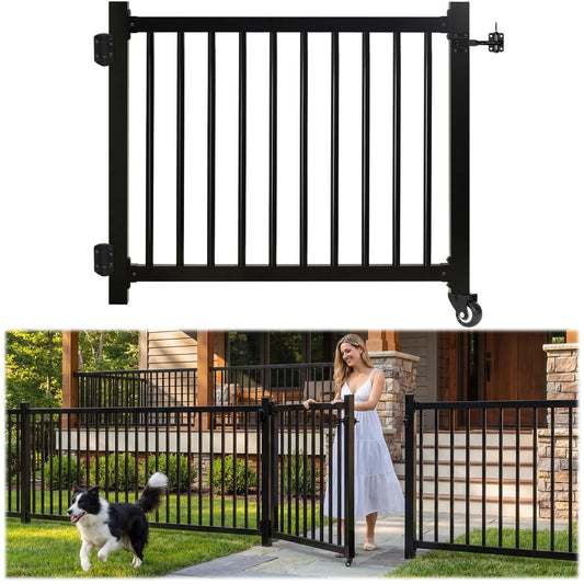 Deck Gate with Wheels, 36 x 45 Inches Auto-Closing Outdoor Railing Gate Fence Gate for H Railing, 1" Round Pipe with Latch,Cuttable Lockable for Outdoor Deck Patio