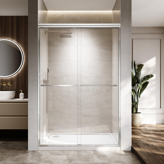 ENSO SENKA 44-48" W x 72" H Semi-Frameless Bypass Sliding Shower Door, Easy-to-Clean Treated Clear Tempered Glass, Polished Chrome