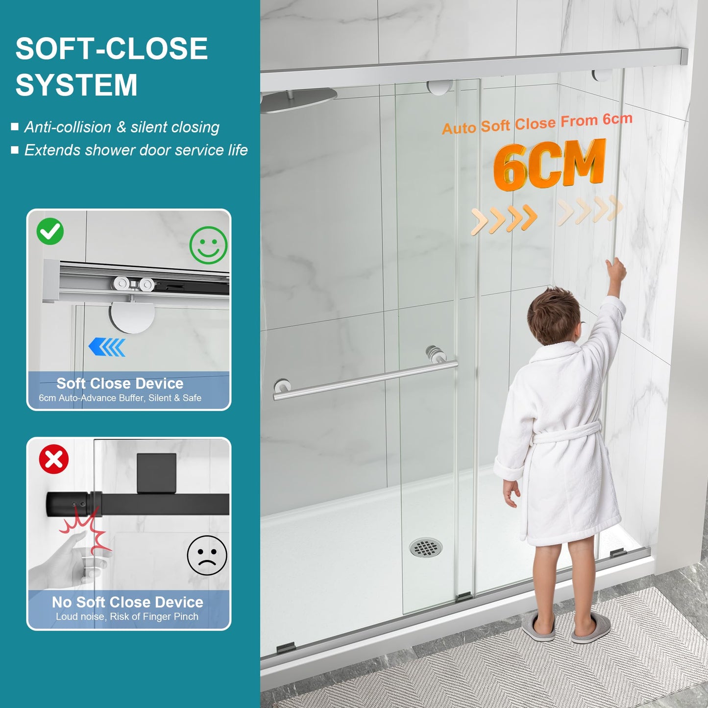 Frameless Shower Door with Soft-Close & Anti-Leak,5/16" (8mm) Double Sliding Shower Door,Nano Coating Anti-Explosion Film SGCC Tempered Glass 43"- 48" W x 76" H,Brushed Nickel