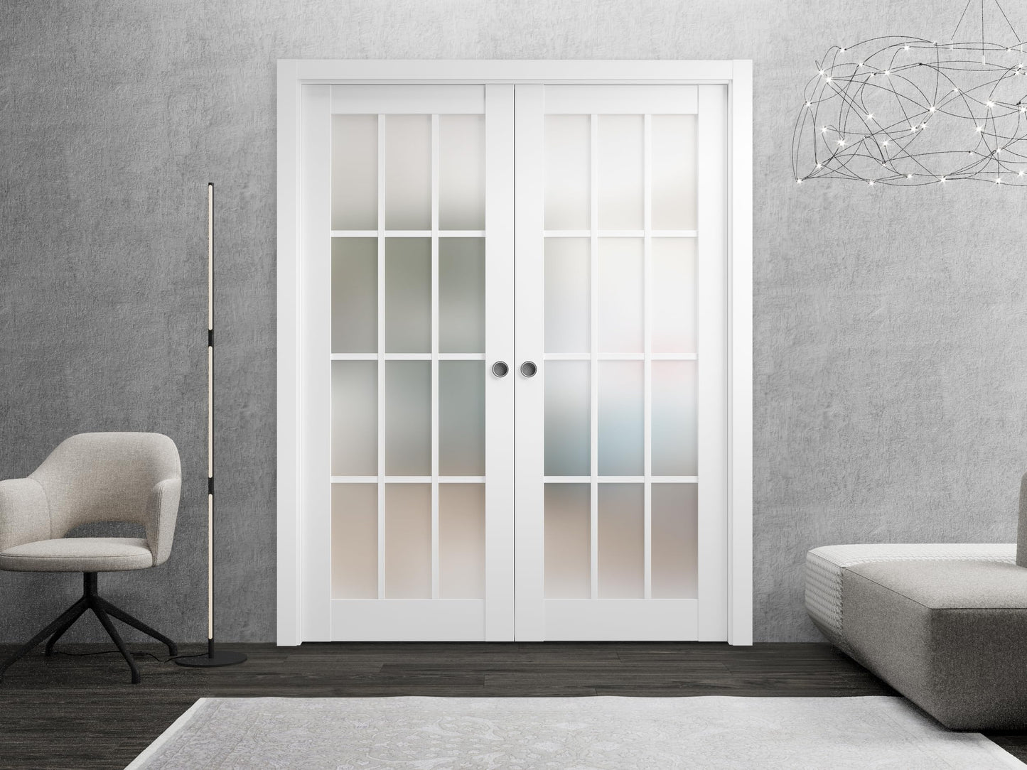 SARTODOORS - Sliding French Double Pocket Doors 48 x 84 inches Frosted Glass 12 Lites| Felicia 3312 Matte White | Kit Trims Rail Hardware | Solid Wood Interior Bedroom Sturdy Doors