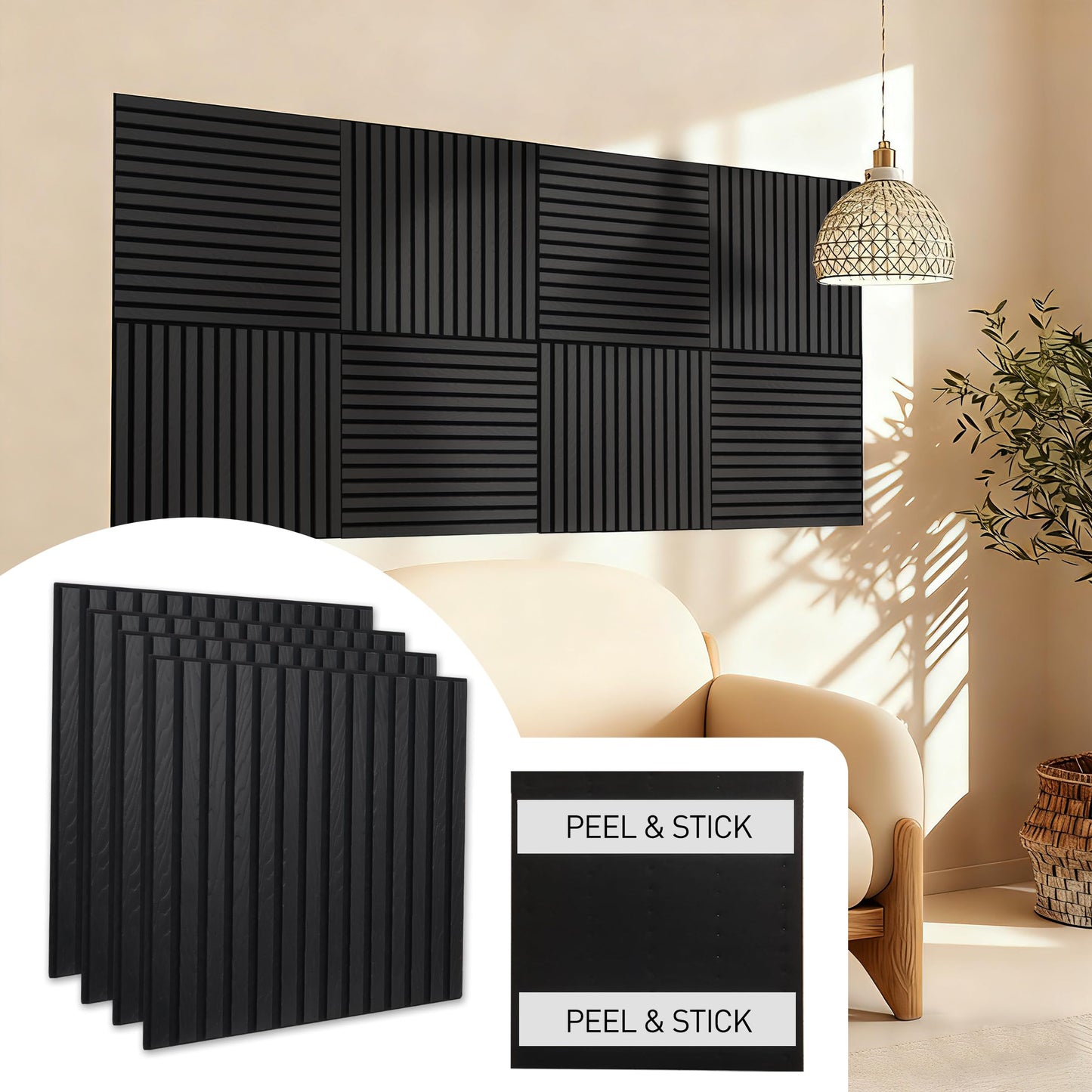 GreenClad Peel & Stick Acoustic Wood Slat Wall Panels – 23” × 23” 3D Wood-Grain Soundproof Panels, 4 Pack – Waterproof Decorative Noise-Reducing Wall Panels for Home Office & Studio (Ebony Black)