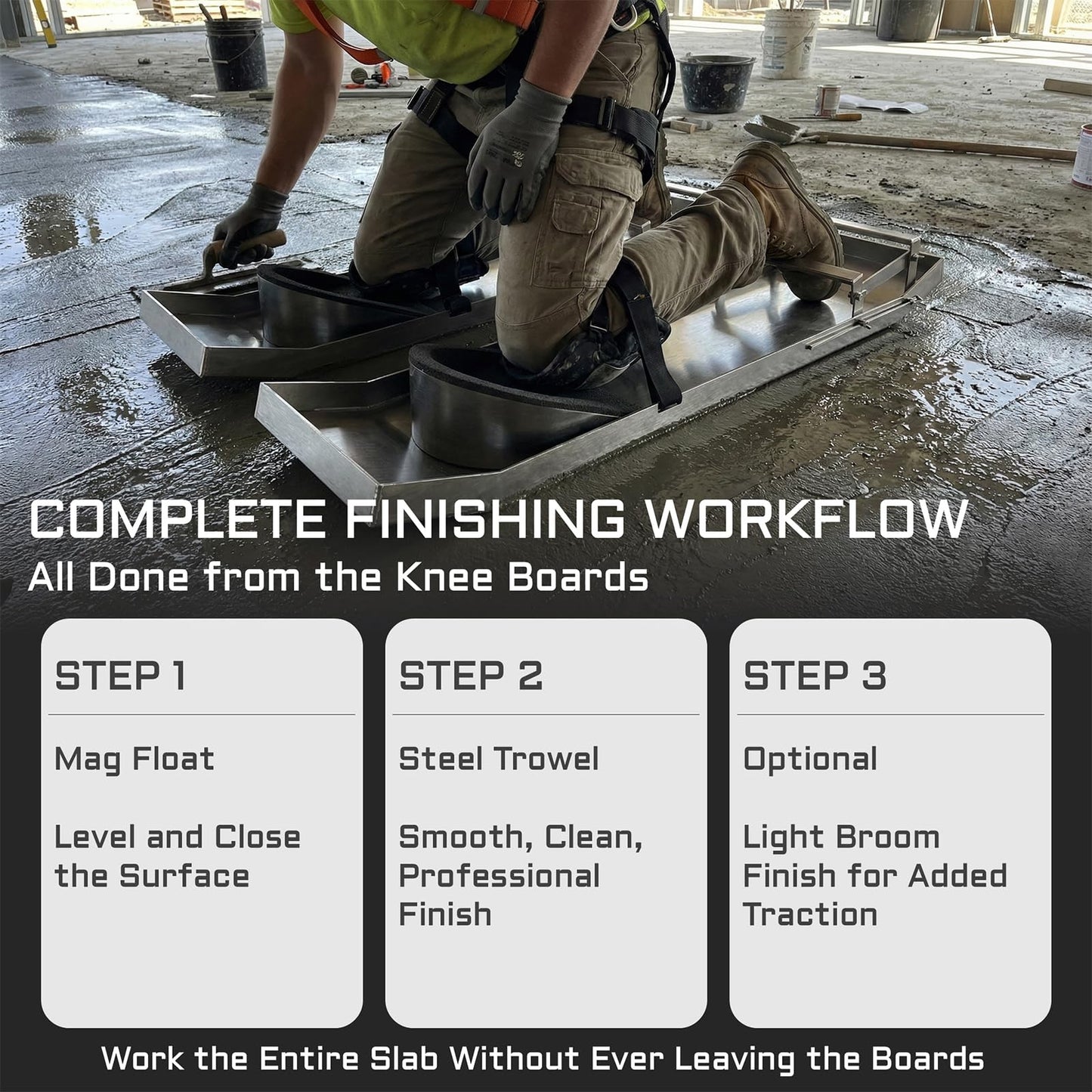 Concrete Knee Boards 30x8 Inch – Heavy Duty Stainless Steel Sliding Support for Concrete Finishing, Adjustable Toe Brackets & Comfort Straps, Professional Concrete Tools for Contractors, Masons & DIY Projects