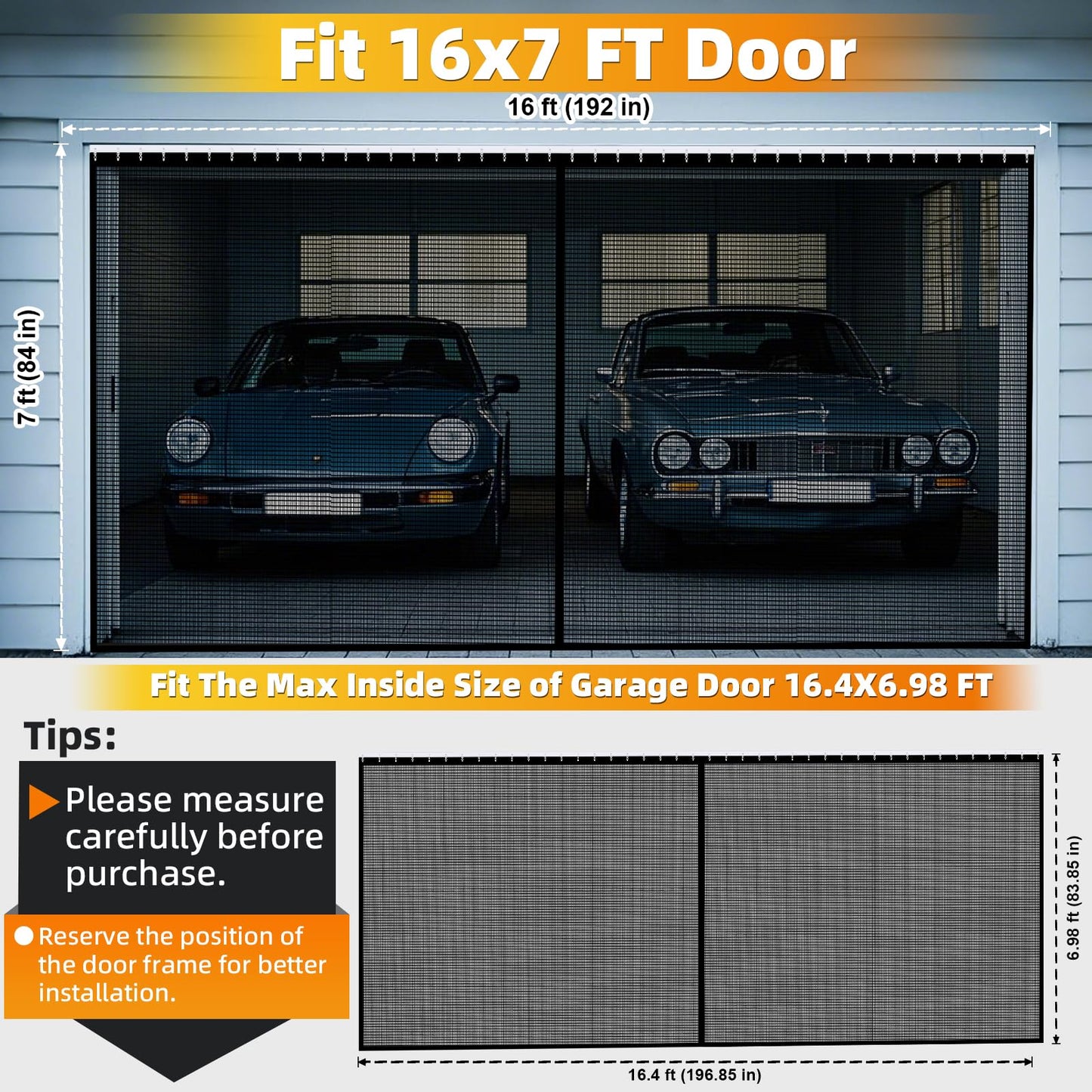 Sliding Garage Door Screen 2 Car 16x7Ft, Retractable Garage Screen Door with Track Closure, Heavy Duty Fiberglass Mesh Garage Net Screen, Keep Annoying Animals Out, Easy Assembly Privacy Protection