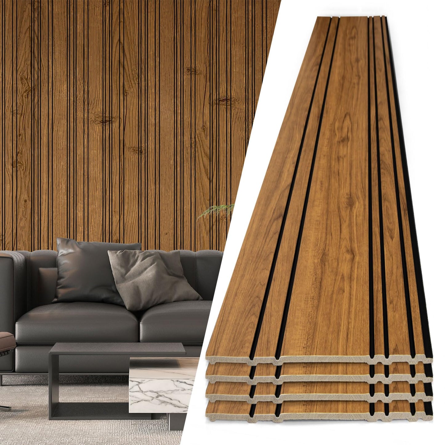 Art3d 4-Pack Glue-On Wall Panels, Wood Grain Texture Interior Wall Decor, 104"x12" Recycled Polystyrene Wainscoting Panels, Low Emission for Living Room Bedroom,Natural Teak