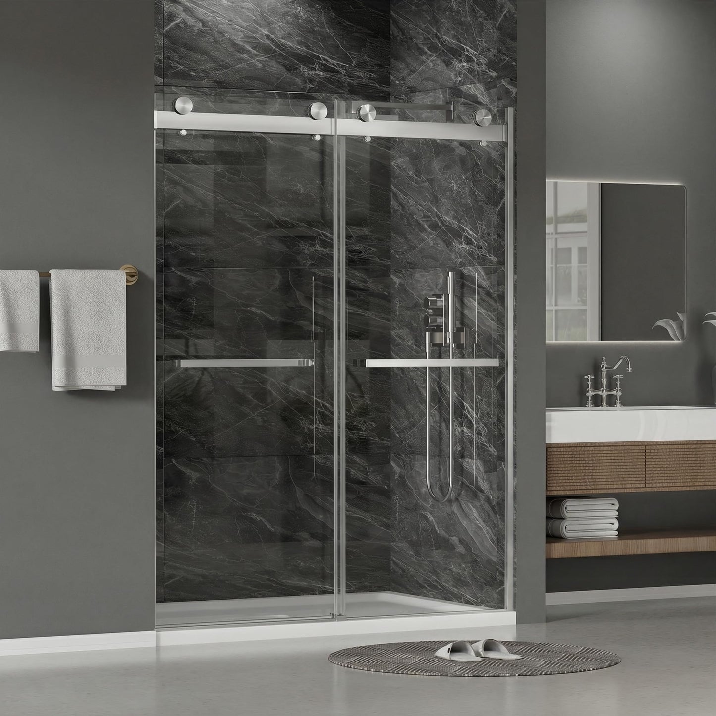 Findepot 56"-60" W x 75" H Frameless Shower Door, Double Sliding Shower Door,5/16"(8mm) Clear Tempered Glass,Silent Soft-Close Design,Brushed Nickel