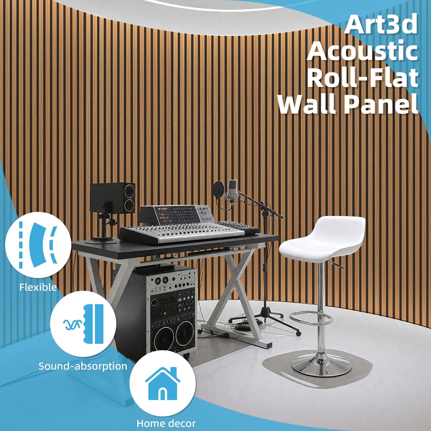Art3d 1-Pack Acoustic Wood Slat Wall Panel with Roll-Flat Design - 95.3 x 23.8 Inch Sound Absorbing Panels for Living Room Columns Corridor Curved Wall Decor, Teak