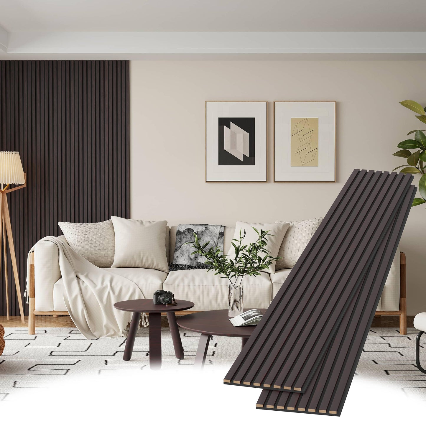 POHARE Wood Slat Wall Panels, 2 Pack Accent Decorative Acoustic Wood Slats for Wall and Ceilings, Acoustic Panels for Interior Wall Décor on Felt Back Board, Black-Brown Oak, 8 x 1 ft