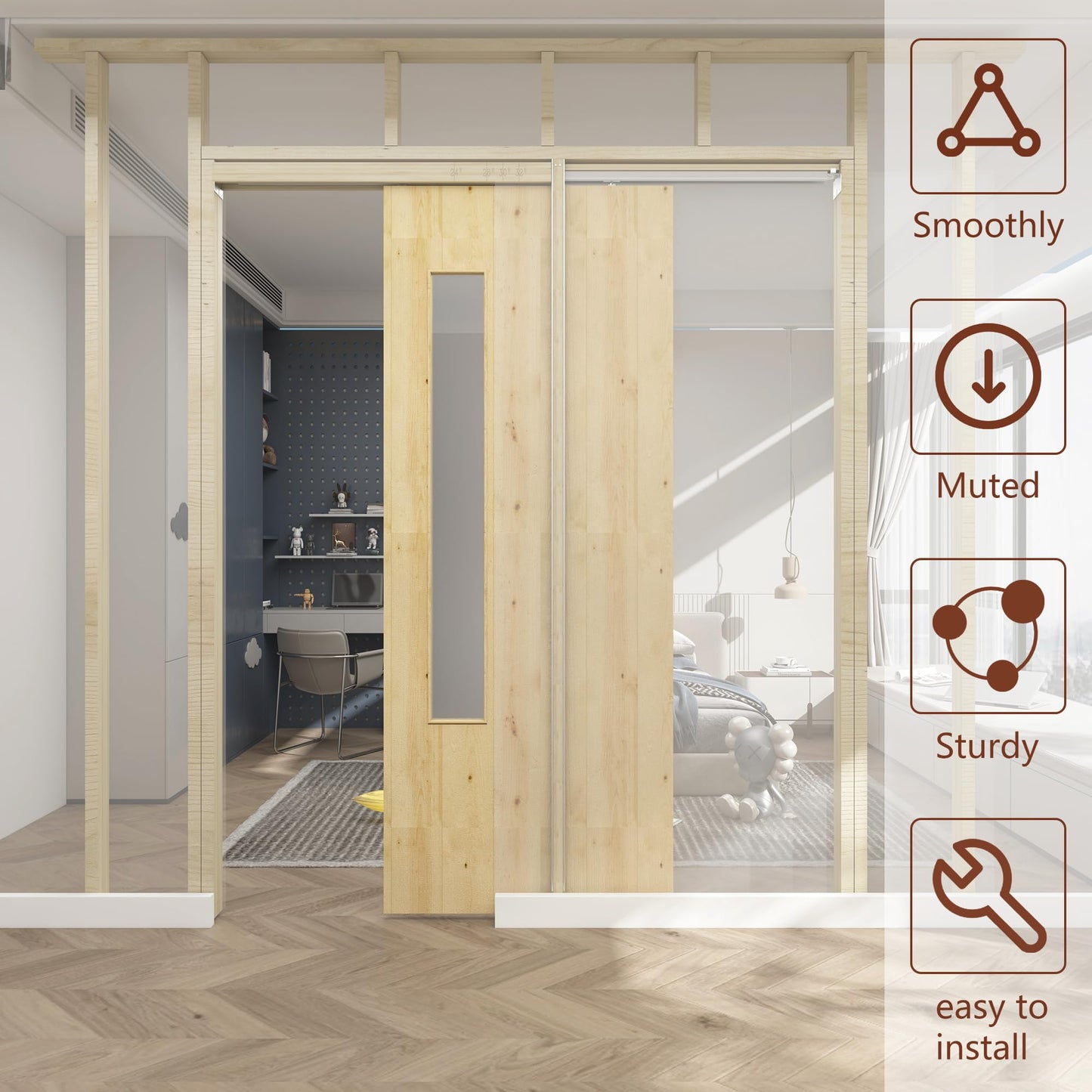 SongYung 24"-36"x 96" Pocket Door Frame Kit with 98LBS Two-Way Soft-Close Mechanism,Aluminum Track Hardware Suitable for Doors Wide 24"-36",2X4 Studs Wall,Smoothly and Quietly Easy to Install