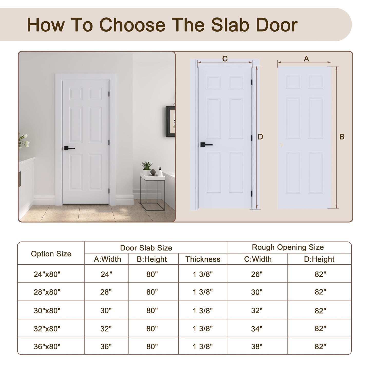 JUBEST 30"x80" Left-Hand Prehung Interior Door with Knock Down Jamb Kit & Matte Black Hinges, 6-Panel White Primed Hollow Core Molded Door Slab with Bore & Hinge Cutout, Durable & Sturdy, No Handle