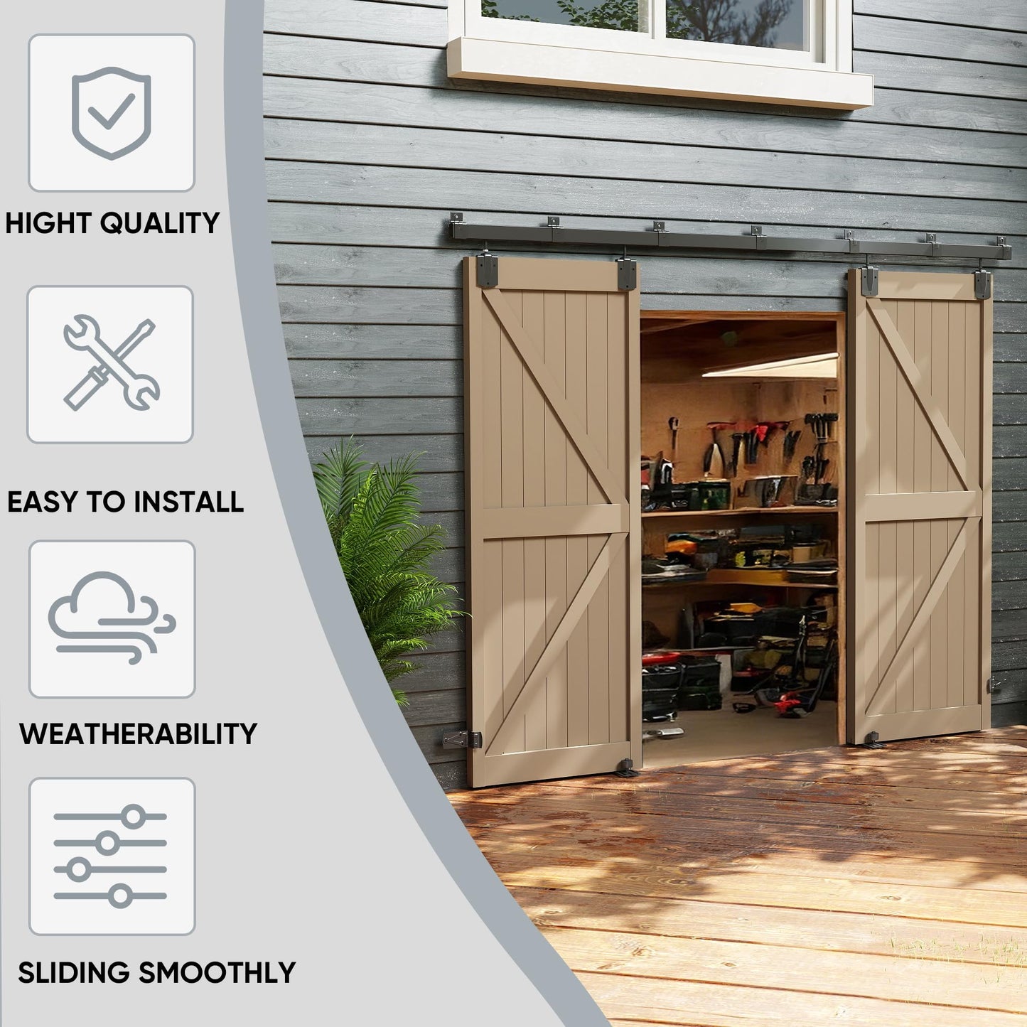 JUBEST 10FT Box Rail Exterior Barn Door Hardware Kit, Heavy Duty Sliding Door Track Kit Wall Mount Door Hardware Kit for Two Doors System(Doors Not Included), Black