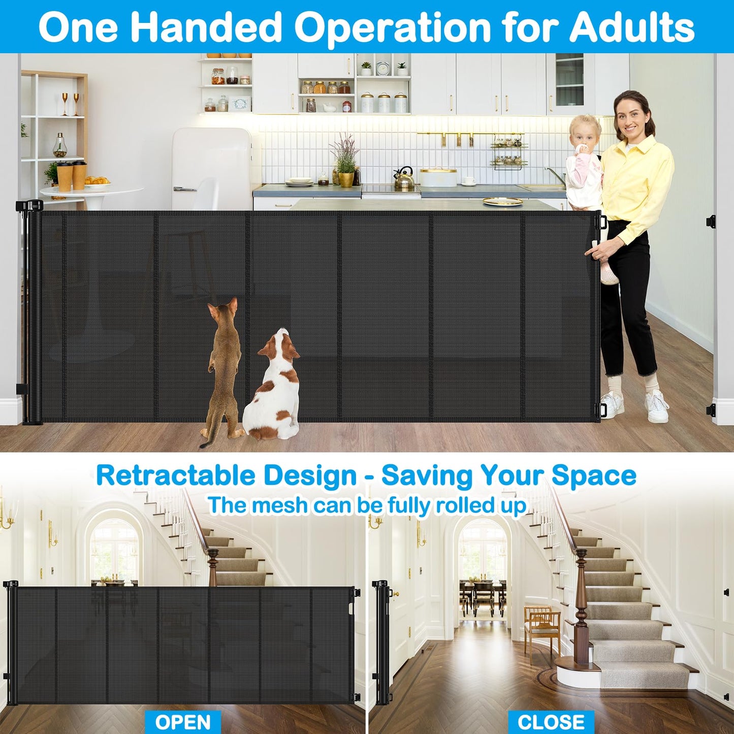 Reinforced 42" Extra Tall Retractable Dog Gate, 200" Extra Wide Baby Gate with Support Rods-Prevent Crawling Through, Outdoor/Indoor Baby Fence/Barrier/Blocker for Home, 16ft Retractable Garage Gate