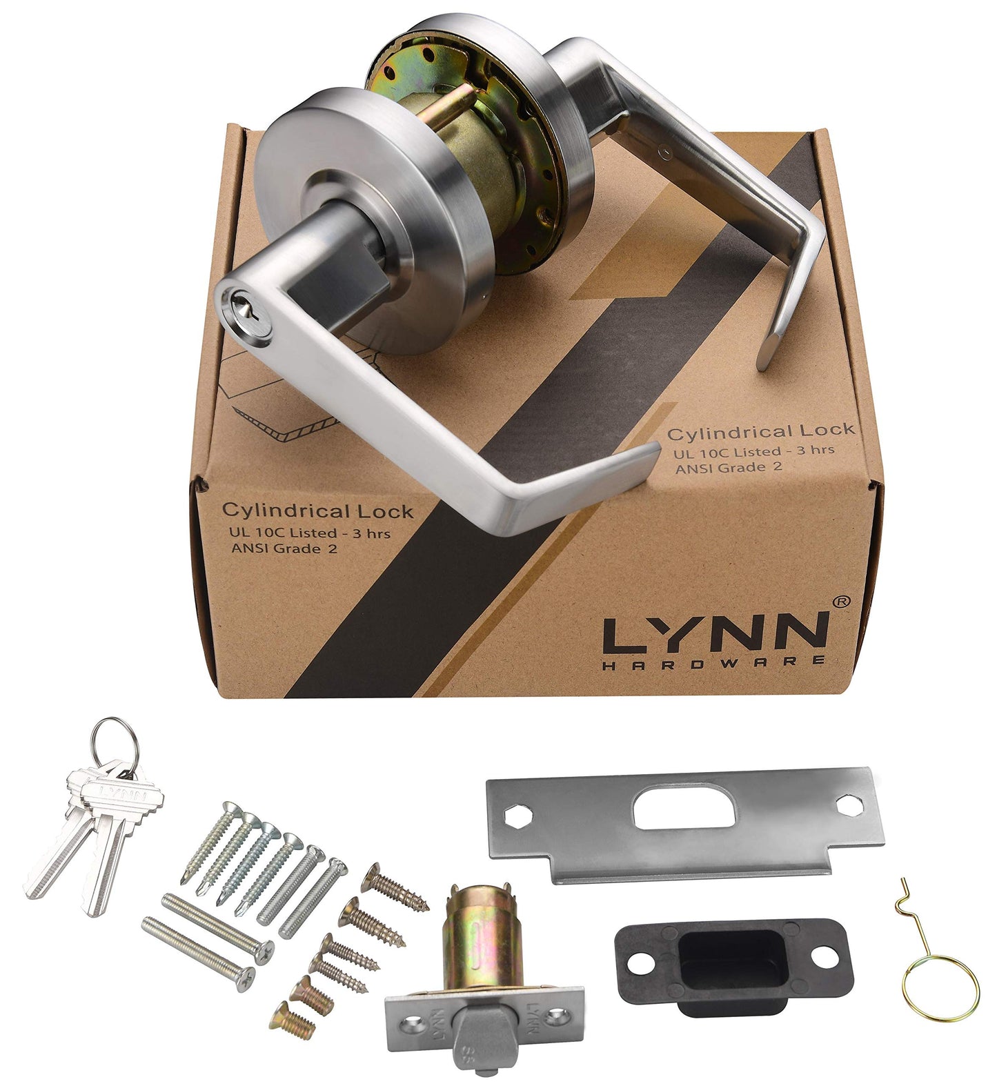 LYNN HARDWARE - Entrance - Commercial Door Lock - Heavy-Duty Designer Handles for Doors - Durable Grade 2 Indoor Locks for Doors - Cylindrical Door Handle Lock - ADA Compliant - Satin Chrome