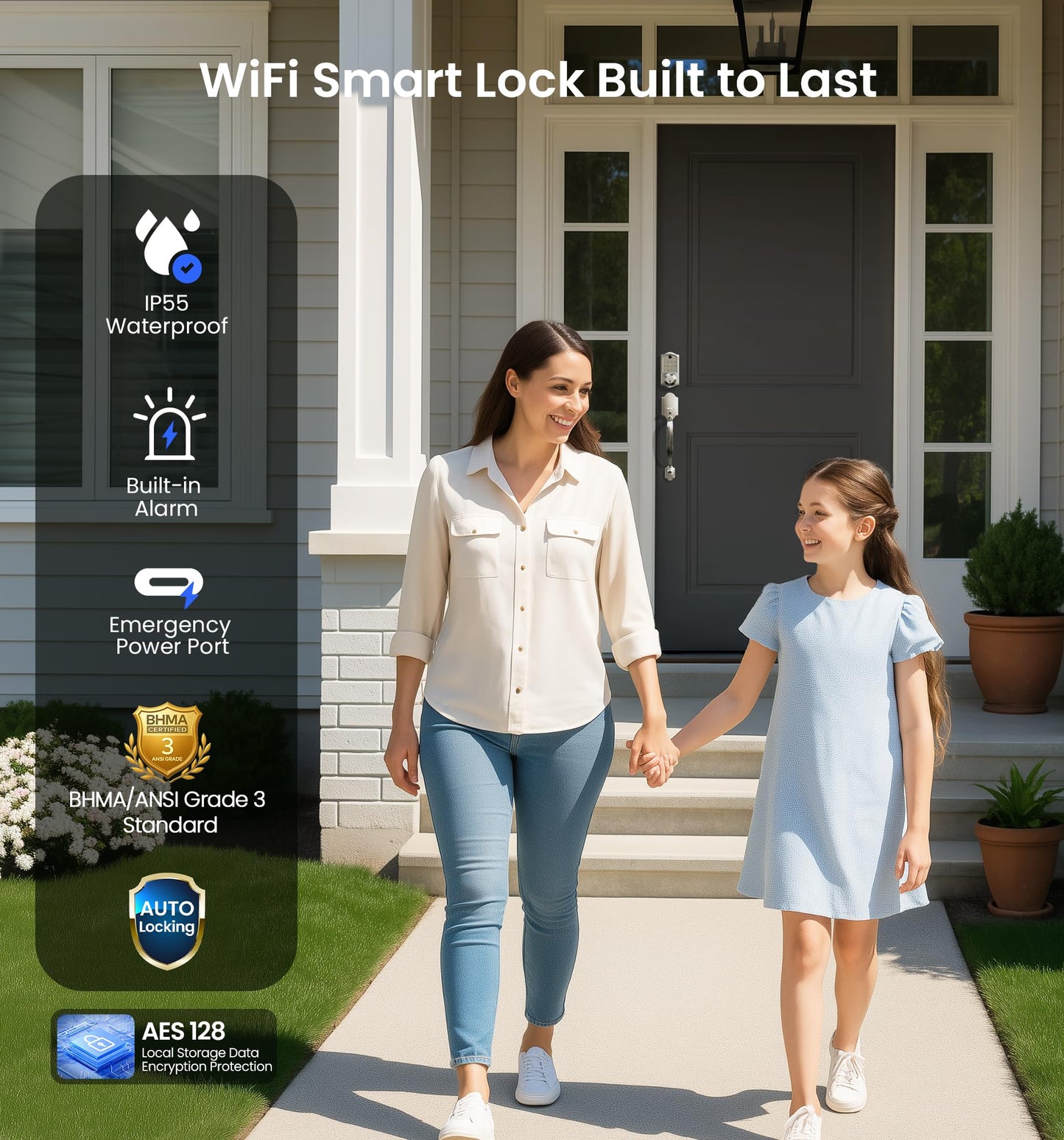 Veise VE017G-H Wi-Fi Smart Fingerprint Front Door Lock Set, Remote App Control, Keyless Entry Deadbolt with Handle, Backlit Keypad, IP55 Weatherproof, Auto Lock, Easy to Install, Satin Nickel