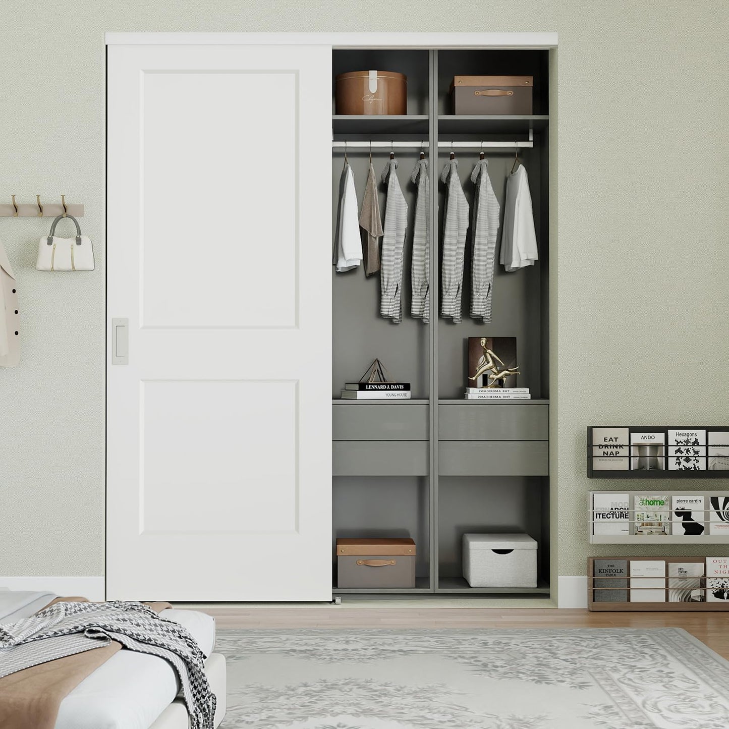 JUBEST 72 in. x 80in. Bypass Closet Door, Flat 2 Panel Shaker Style White Primed Bypass Sliding Closet Door, Interior Doors with Hardware Kits Include, Pre-drilled, Paintable