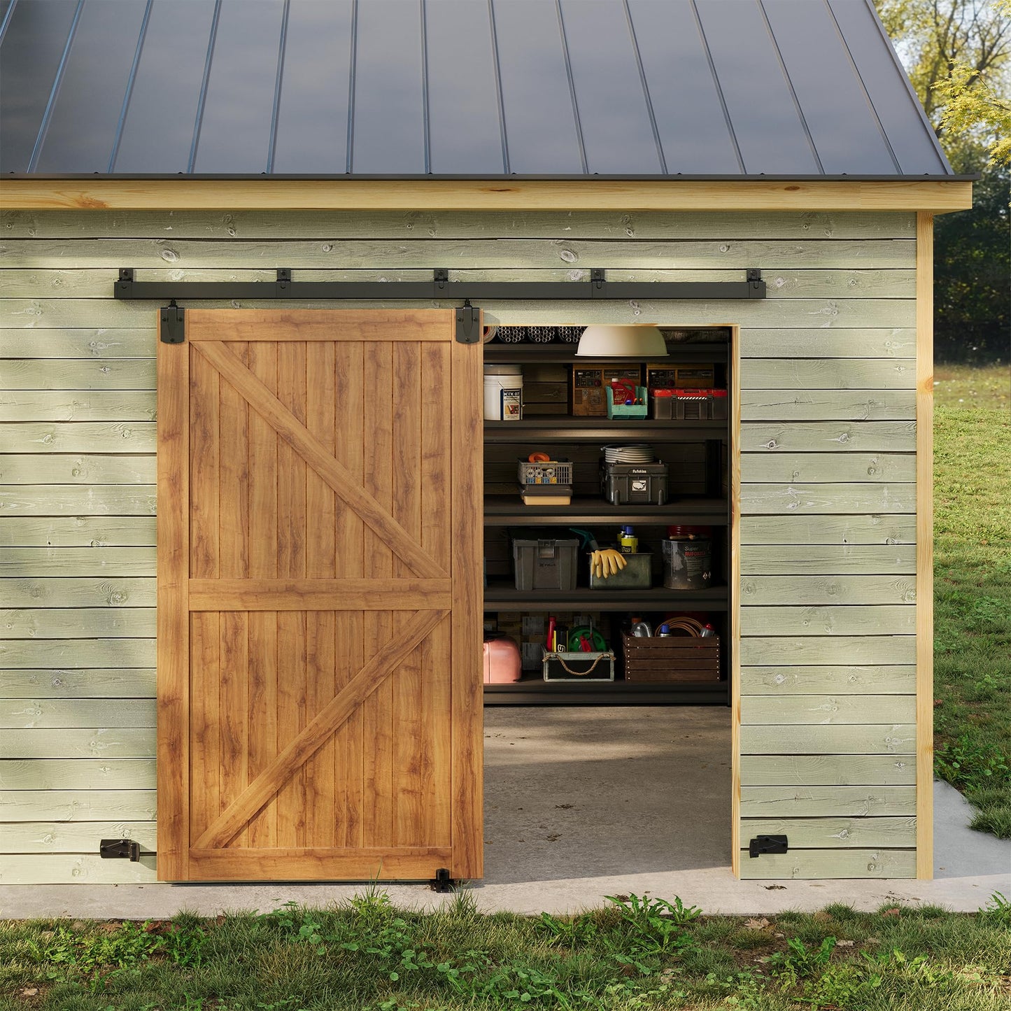 SmartStandard 8FT Exterior Sliding Barn Door Hardware Kit, Box Rail Barn Door Track Kit for Outdoor Use, 450lb Capacity Heavy Duty Wall Mount Kit, Fix Single 48" Door