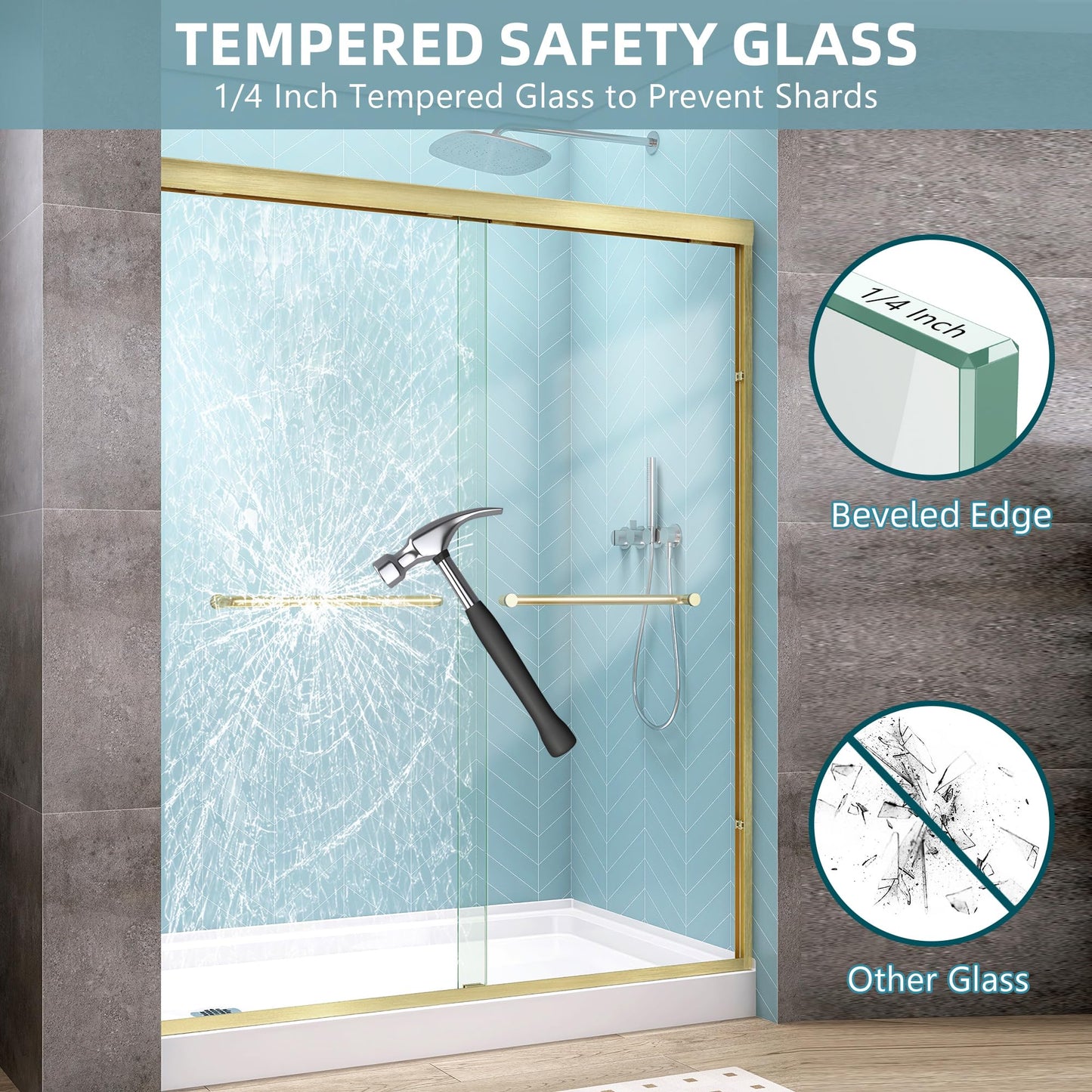 GETPRO Shower Door Double Sliding 68-72 in. W x 72 in. H Semi-Frameless Bypasss Bathroom Glass Shower Sliding Doors,1/4 inch Clear Tempered Glass Door for Walk-in Shower Brushed Gold
