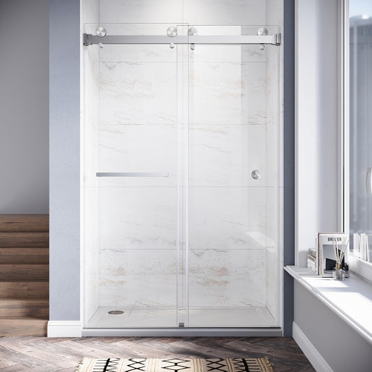 UKD01 46 to 49 in. W x 76 in. H Double Sliding Frameless Shower Doors - Stainless Steel 3/8" (10mm) Certified Tempered Glass 49x76-BN