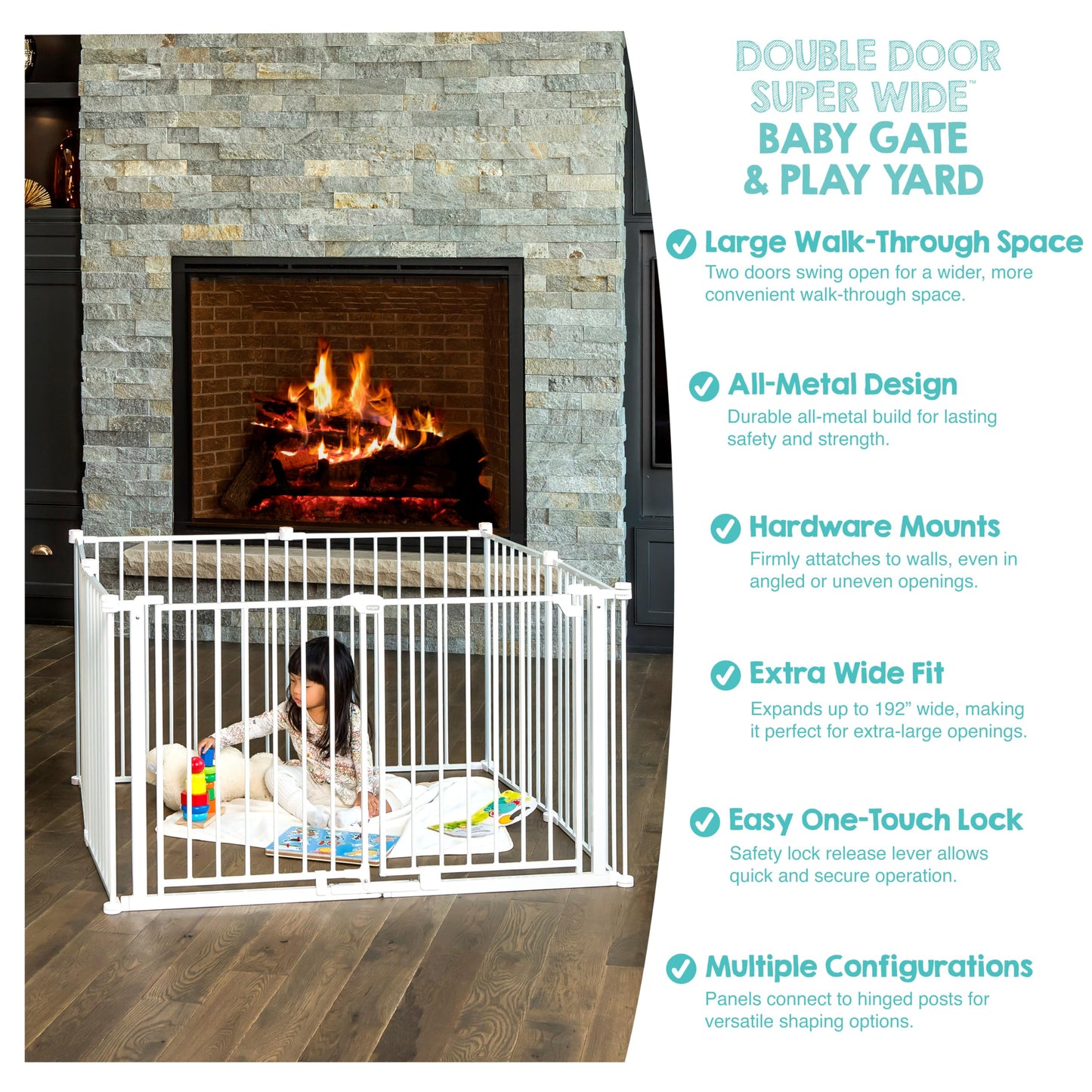 Regalo Safety 192" Double Door Super Wide Baby Gate & Play Yard, 8-Panel Adjustable Safety Gate for Doorways & Large Openings, Hardware Mounted Gate for Babies, Toddlers & Pets