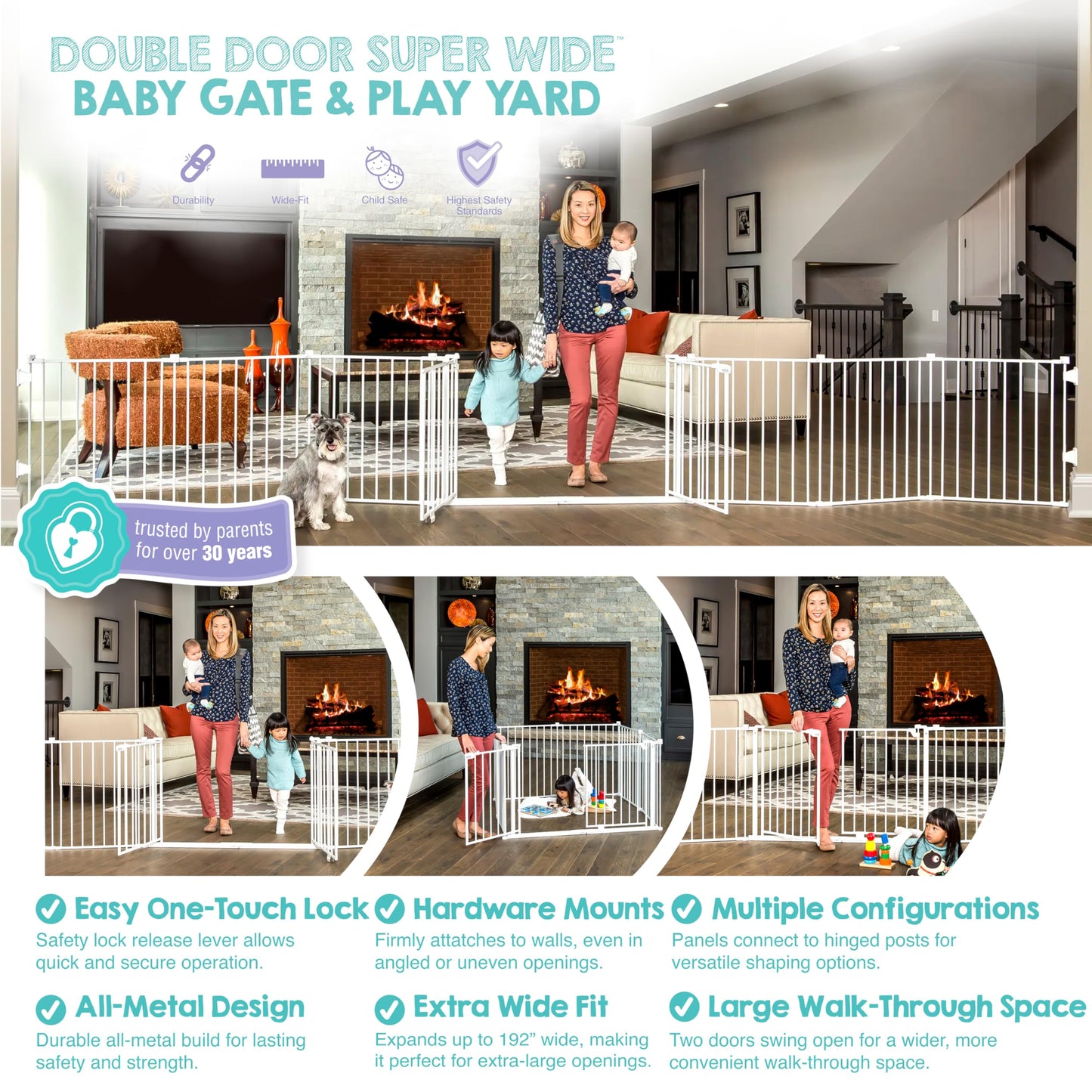 Regalo Safety 192" Double Door Super Wide Baby Gate & Play Yard, 8-Panel Adjustable Safety Gate for Doorways & Large Openings, Hardware Mounted Gate for Babies, Toddlers & Pets