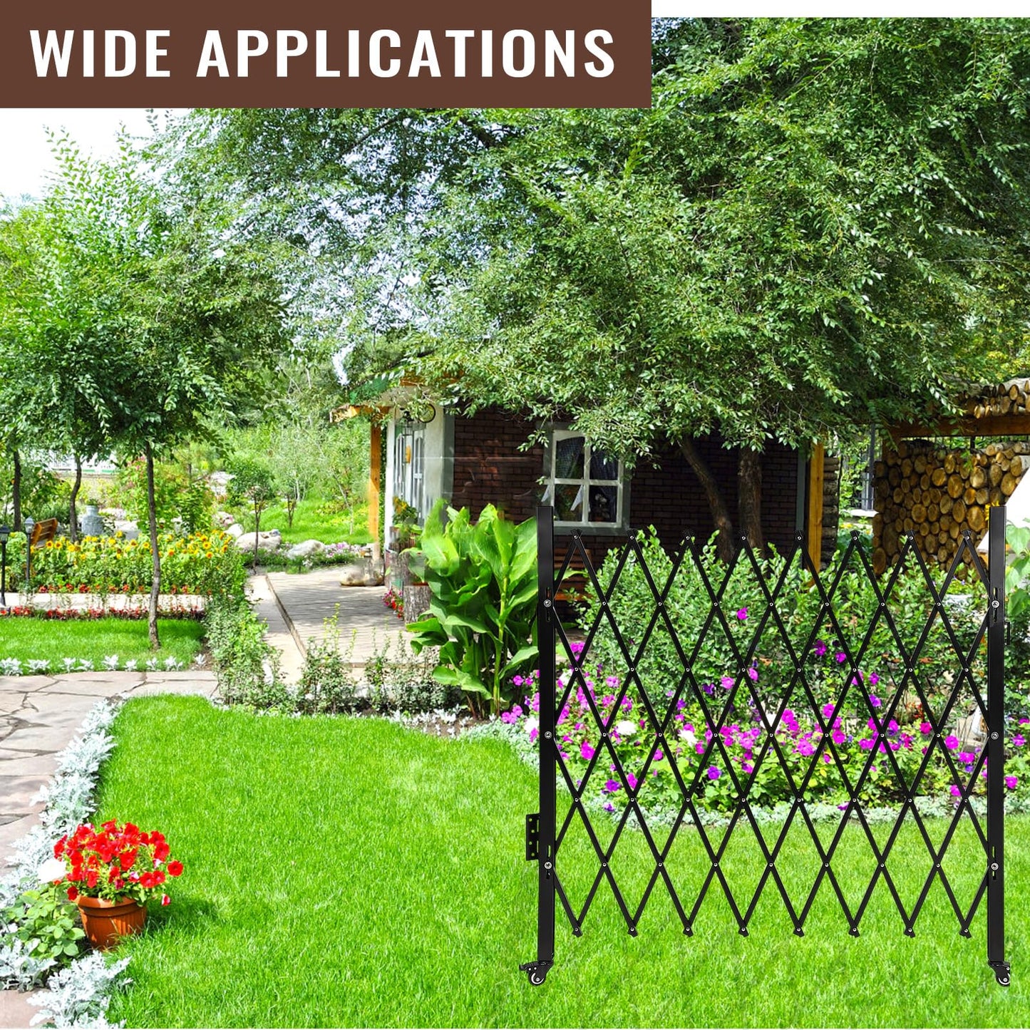 ExploreHorizon 61" H x 71" W Single Folding Security Gate, Portable Expandable Fence Gate with Casters, Flexible Steel Accordion Security Gate Barricade Gate for Backyard Garden