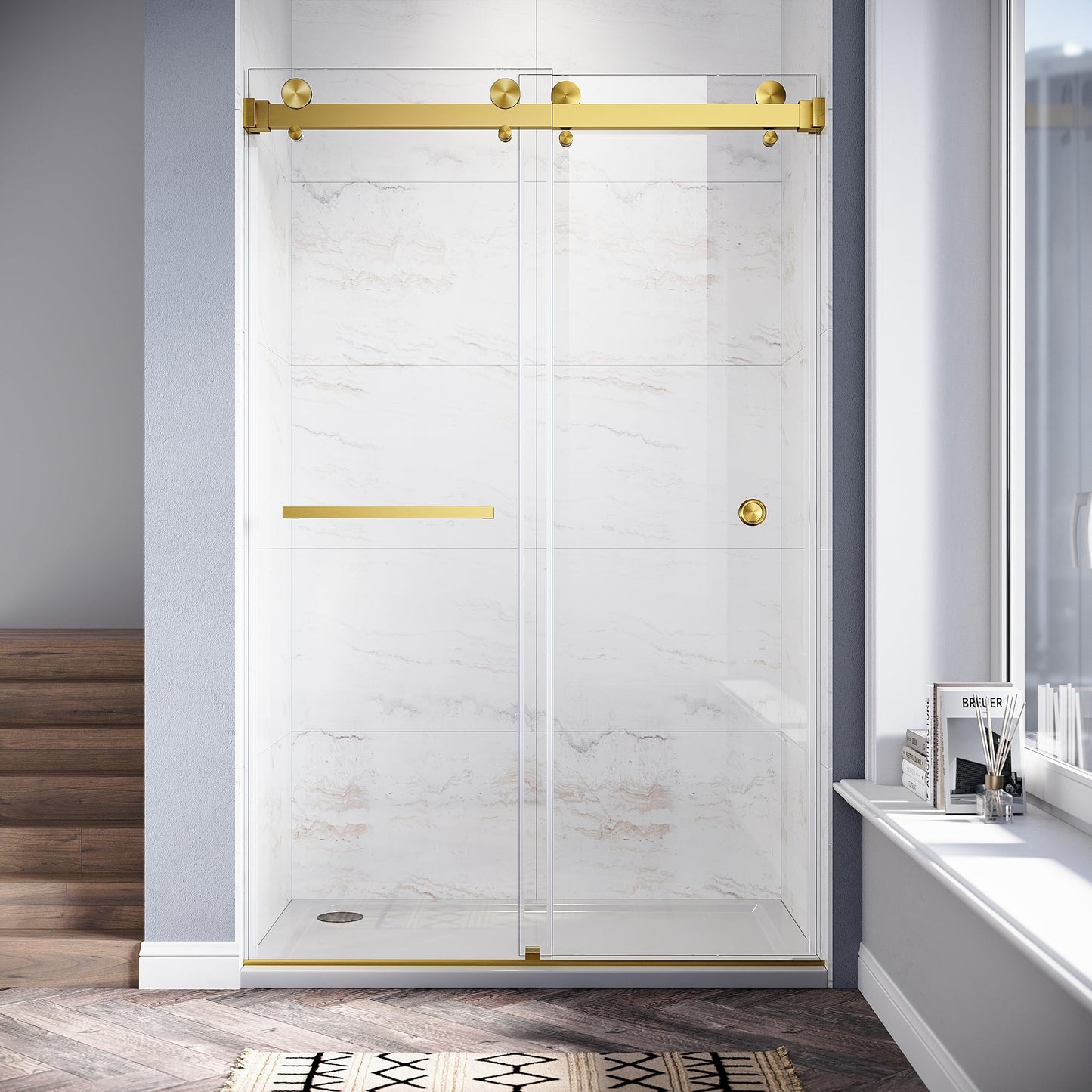 UKD01 46 to 49 in. W x 80 in. H Double Sliding Frameless Shower Doors - Stainless Steel 3/8" (10mm) Certified Tempered Glass 49x80-SB