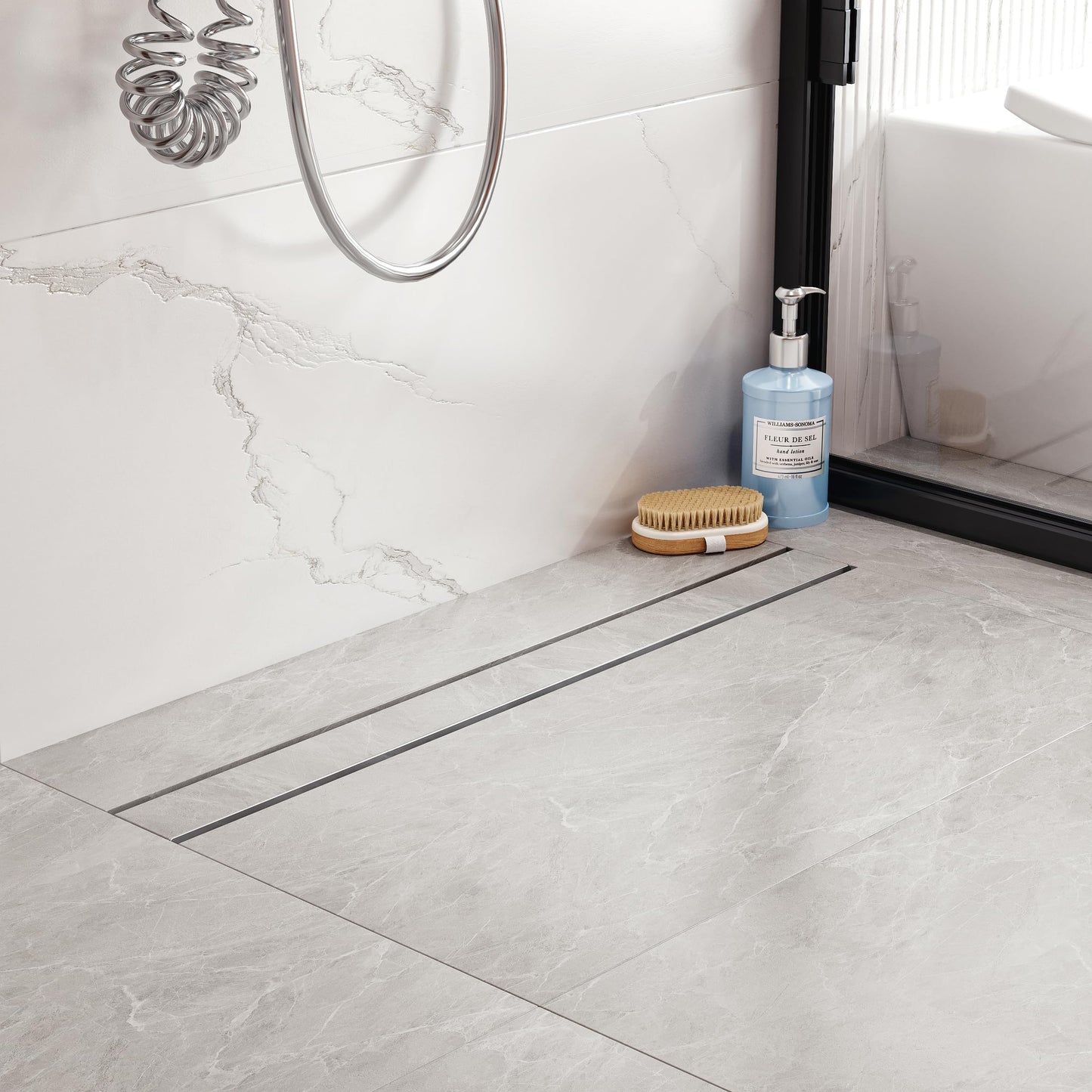 24 inch Linear Shower Drain with Tile Insert Grate Cover, Brushed 304 Stainless Steel Bonding Flange Linear Drain, Low Profile Linear Shower Drain with Hair Strainer