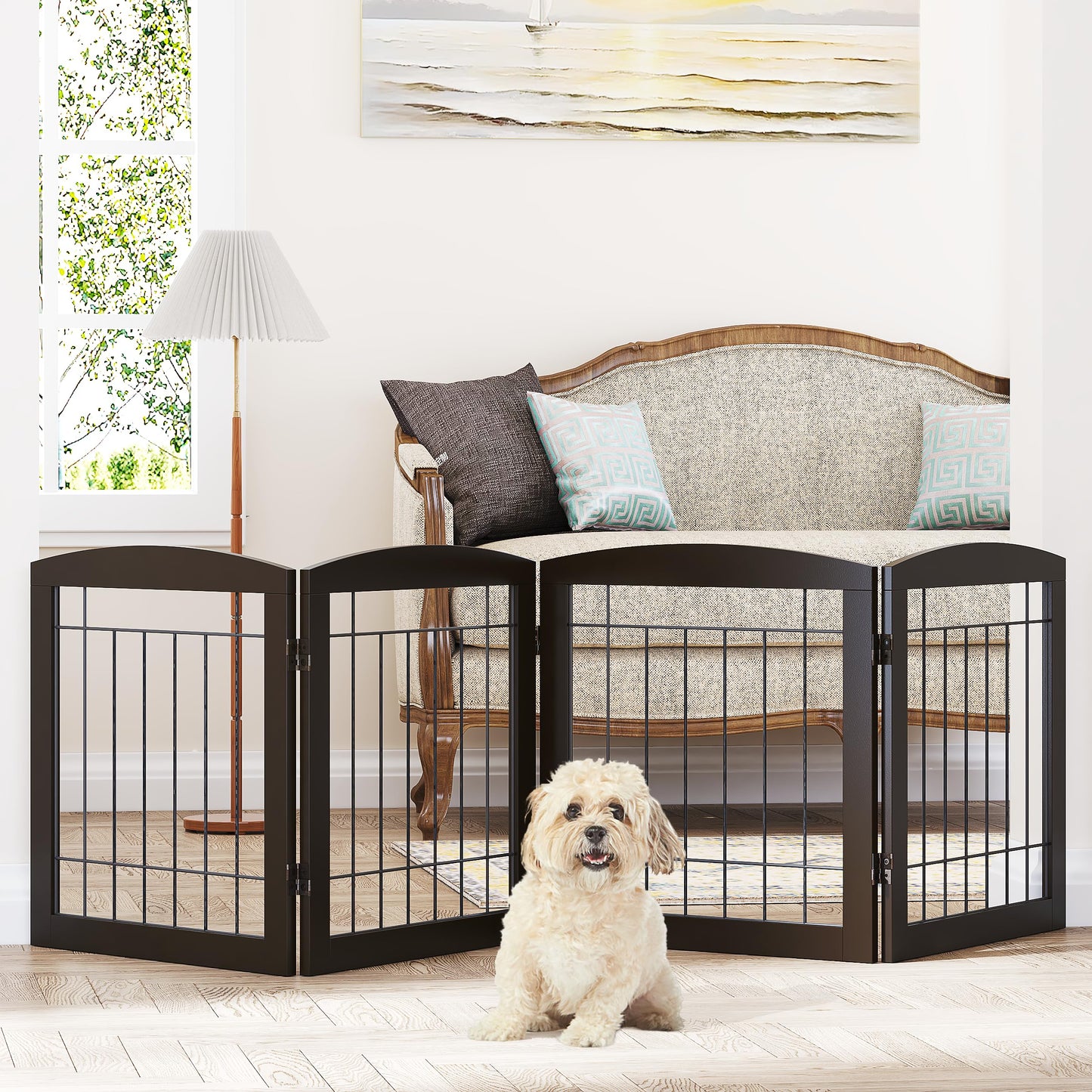 Dog Gate - 4 Panel Foldable Pet Gate Indoor for Doorways, House, Stairs, Freestanding Gate for Dogs - 80x24 -Inch Puppy Safety Fence by PAWLAND, Espresso