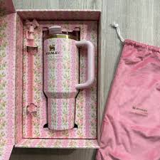 Pink Flowers Stanley Quencher Tumbler 40oz with Gift Box – Insulated Travel Mug with Handle & Straw