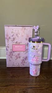 Purple Flowers Stanley Quencher Tumbler 40oz with Gift Box – Insulated Travel Mug with Handle & Straw